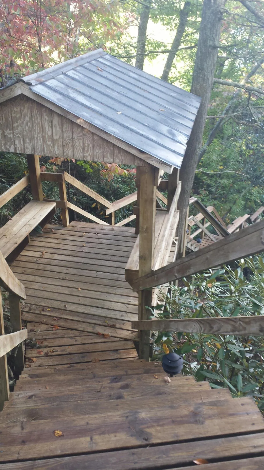 Metal roofed shelter over wooden steps on a wooded walkway — Skylight Repair & Installation work by our crew in New Bloomington